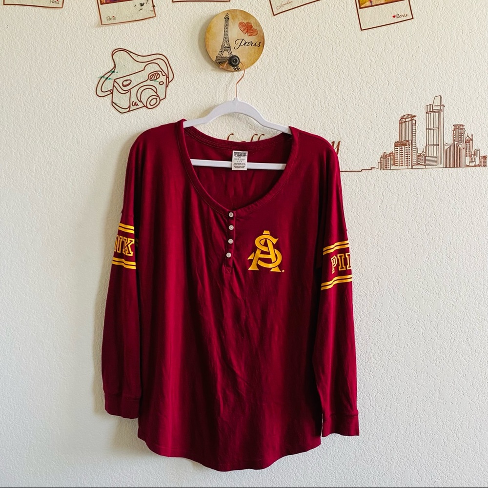 PINK Victoria's Secret ASU Red Yellow Logo Detail Long Sleeve Scoop Neck Top S